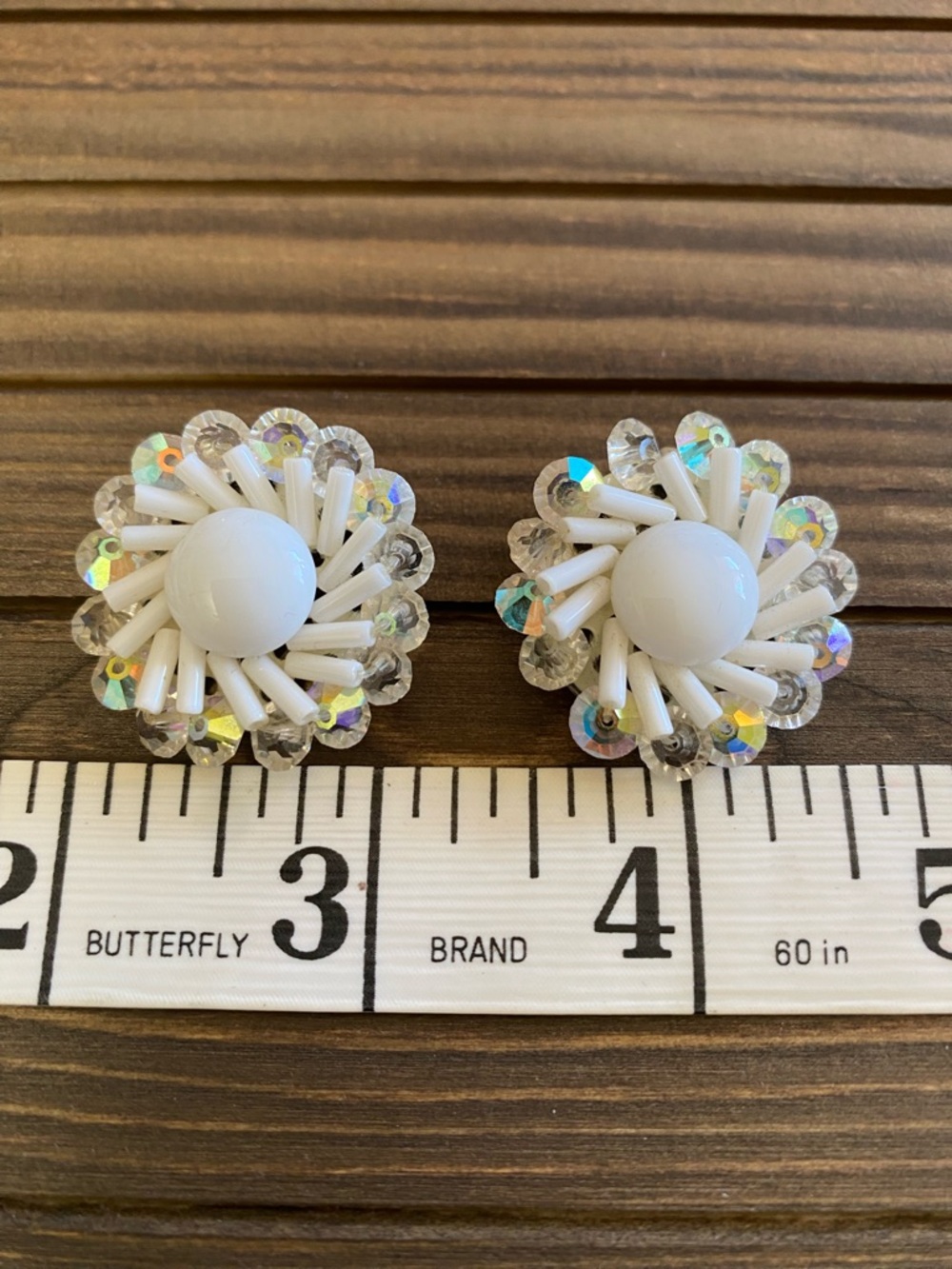 Vintage White Floral Beaded Clip-On Earrings with Aurora Borealis Rhinestones